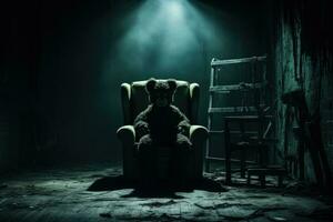 dunkel Schatten umhüllend ein einsam Teddy Bär implizieren Kindheit Albträume foto