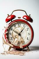 ein zerschlagen Alarm Uhr symbolisieren Schlaflosigkeit isoliert auf ein Weiß Hintergrund foto