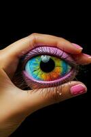 Auge Symbol schweben über ein öffnen Hand isoliert auf ein Regenbogen Gradient Hintergrund foto
