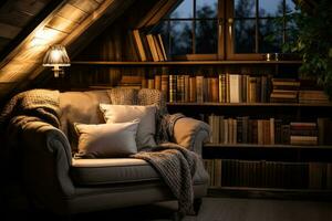 gemütlich Nacht Zeit lesen Winkel mit Umgebungs Beleuchtung Hintergrund mit leeren Raum zum Text foto