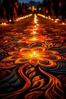 erarbeiten symmetrisch Rangoli Designs Umarmen das Boden während lebhaft Diwali Feierlichkeiten foto