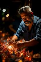 Handwerker Hände basteln zart Papier Laternen zum atemberaubend Diwali Anzeige foto