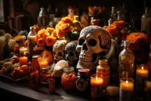 traditionell Mexikaner Altäre beladen mit Angebote zum Tag von das tot Feierlichkeiten foto