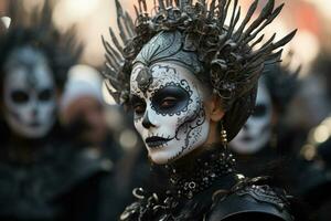 catrinas Parade im atemberaubend Kleidung verkörpern Tag von das Tote Skelett- Eleganz foto