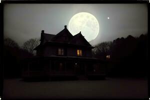ein Haus mit ein voll Mond im das Hintergrund. ai generiert foto