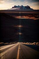 ein lange Straße im das Mitte von ein Wüste. ai generiert foto