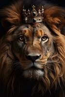 ein Bild Porträt von ein männlich Löwe mit groß Mähne im das Hintergrund generativ ai foto