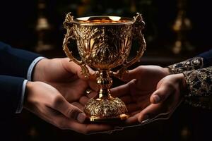 schließen oben von männlich und weiblich Hände halten golden Tasse im Kirche generativ ai foto