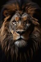 Porträt von ein männlich Löwe mit groß Mähne im Hintergrund generativ ai foto