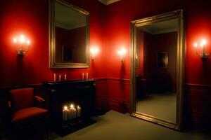 ein rot Zimmer mit ein Kamin und ein Spiegel. ai generiert foto