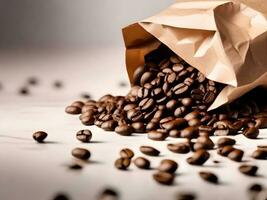 Kaffee Bohnen mit Papier Tasche Verpackung isoliert auf Weiß Hintergrund. ai generativ foto