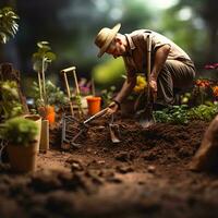 Porträt Kompost Stapel zum echt Gartenarbeit und jung Original Mann Gesicht foto