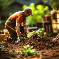 Porträt Kompost Stapel zum echt Gartenarbeit und jung Original Mann Gesicht foto