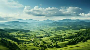 Berge unter Nebel im das Morgen tolle Natur Landschaft , ai generativ foto