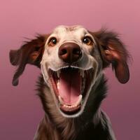 generativ ai, Porträt von ein glücklich Hund suchen beim das Kamera mit Mund öffnen auf Rosa Hintergrund foto