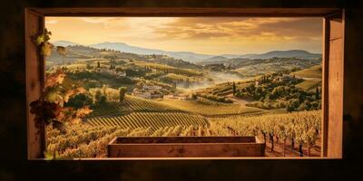 generativ ai, schön Weinberg, Grün Landschaft. Reihen von Reben auf Sonnenuntergang foto