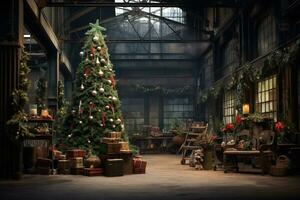 generativ ai, Weihnachten Innere ländlich Hintergrund, Santa claus rustikal Werkstatt foto