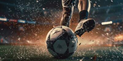 generativ ai, Fußball Stiefel treten ein Fußball Ball, Tor Moment auf das Stadion foto