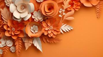 generativ ai, Papier Schnitt Kunst Blumen und Blätter, Aprikose zerquetschen Orange Farbe, Origami texturiert Hintergrund, Frühling Stimmung. Blumen- Rahmen Layout. foto