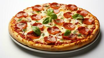 Pizza mit Salami und Mozzarella Käse auf Hintergrund , ai generativ foto