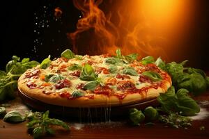 Pizza auf Feuer mit Flammen auf schwarz Hintergrund, Nahansicht , ai generativ foto