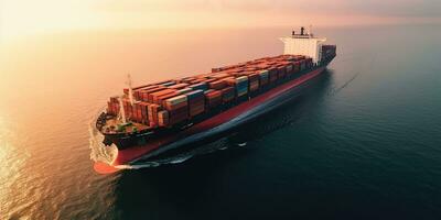 generativ ai, Container Schiff im importieren Export und Geschäft Logistik. Antenne Sicht, Wasser Transport, Ladung Versand im öffnen Meer. foto