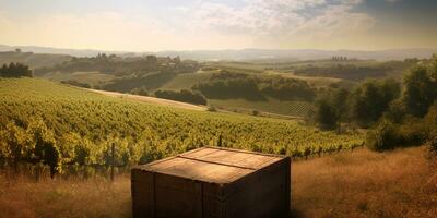 generativ ai, schön Weinberg mit hölzern Fässer, Grün Landschaft. Reihen von Reben auf Sonnenuntergang foto