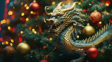 Chinesisch Drachen auf ein Weihnachten Hintergrund. Urlaub Banner. Neu Jahr 2024 foto