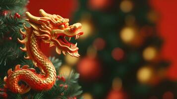 Chinesisch Drachen auf ein Weihnachten Hintergrund. Urlaub Banner. Neu Jahr 2024 foto