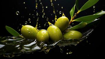 extra Jungfrau Olive Öl. Grün Oliven im Olive Öl auf ein dunkel Hintergrund. foto