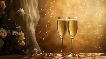 zwei Brille von Champagner Über verwischen Flecken Beleuchtung Hintergrund. foto