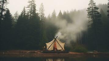 generativ ai, Camping draussen Konzept im neutral stumm geschaltet Farben, Tourist Lager foto