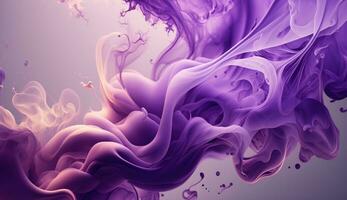 generativ ai, fließend Lavendel violett Flüssigkeit und Rauch mit Spritzer. hell Flüssigkeit Banner, 3d Wirkung, modern Makro realistisch abstrakt Hintergrund Illustration, Tinte im Wasser Wirkung. foto