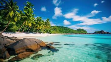 generativ ai, schön Strand von Seychellen, Ozean oder Meer Landschaft, Ferien auf Paradies. tropisch Inseln foto