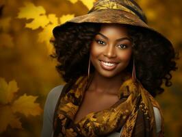 Foto von emotional dynamisch Pose afrikanisch Frau im Herbst ai generativ