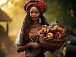 Foto von emotional dynamisch Pose afrikanisch Frau im Herbst ai generativ