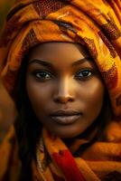 Foto von emotional dynamisch Pose afrikanisch Frau im Herbst ai generativ