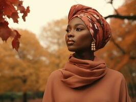 Foto von emotional dynamisch Pose afrikanisch Frau im Herbst ai generativ