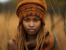 Foto von emotional dynamisch Pose afrikanisch Frau im Herbst ai generativ