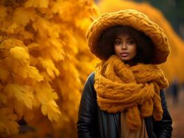 Foto von emotional dynamisch Pose afrikanisch Frau im Herbst ai generativ