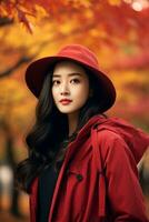 Foto von emotional dynamisch Pose asiatisch Frau im Herbst ai generativ