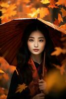 Foto von emotional dynamisch Pose asiatisch Frau im Herbst ai generativ