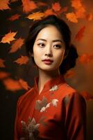 Foto von emotional dynamisch Pose asiatisch Frau im Herbst ai generativ