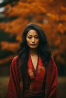 Foto von emotional dynamisch Pose asiatisch Frau im Herbst ai generativ