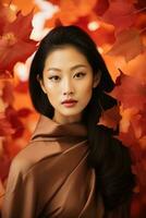 Foto von emotional dynamisch Pose asiatisch Frau im Herbst ai generativ