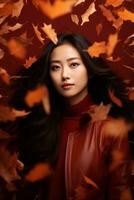 Foto von emotional dynamisch Pose asiatisch Frau im Herbst ai generativ