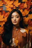 Foto von emotional dynamisch Pose asiatisch Frau im Herbst ai generativ