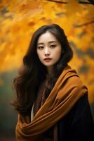 Foto von emotional dynamisch Pose asiatisch Frau im Herbst ai generativ