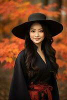 Foto von emotional dynamisch Pose asiatisch Frau im Herbst ai generativ