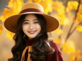 Foto von emotional dynamisch Pose asiatisch Frau im Herbst ai generativ